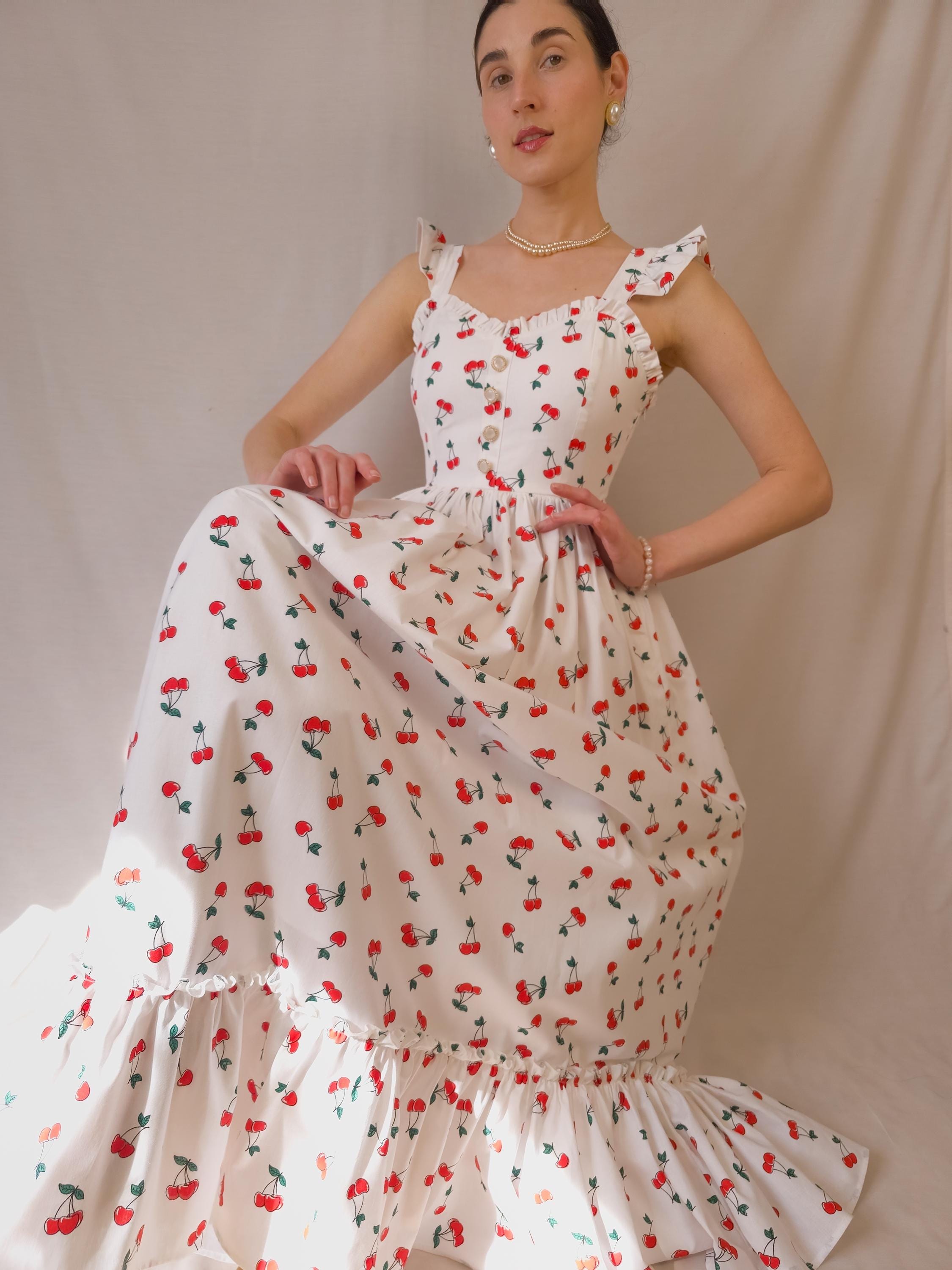 Cherry Dress White Cotton Dress Pinup Dress/90s Dress Fruit Print