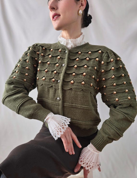 Vintage Cardigan Embroidered Puffy Sleeves Austrian Cardigan