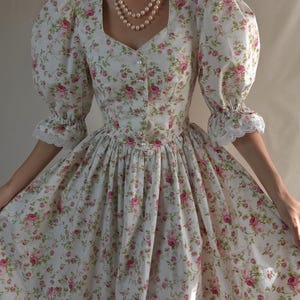 floral dress puffy sleeves Victorian style dres V waist/cottage core dress Edwardian dress flower print prairie dress 1920s cottagecoredress