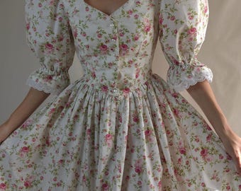 floral dress puffy sleeves Victorian style dres V waist/cottage core dress Edwardian dress flower print prairie dress 1920s cottagecoredress