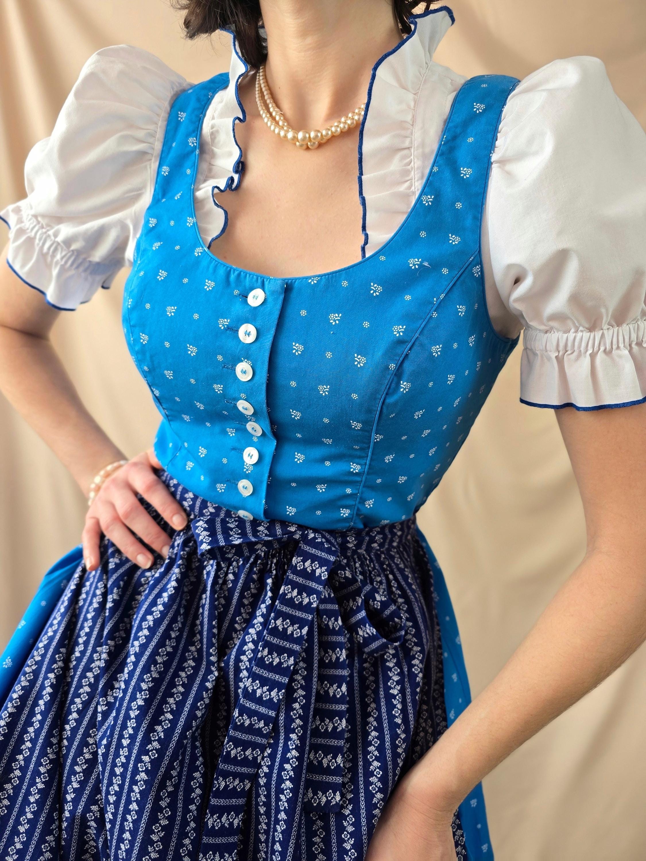 Traditional Austrian Dress Blue Floral Print Sleeveless Bavarian Dress ...