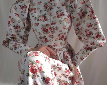 vestido floral vintage, mangas bufantes, vestido cottage core, vestido pradaria, vestido eduardiano vitoriano da década de 1920, padrão floral, estampa floral pastel, rosas