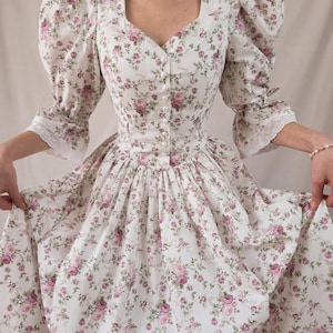 Dress pastel flowers puffy sleeves Victorian dress roses prairie dress ballgown dress white/floral dress cotton cottage core dress purple
