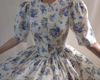 vintage dress floral print puffy sleeves Victorian style dress ankle length prairie dress 1920s cottage core dress princess dress blue puffy