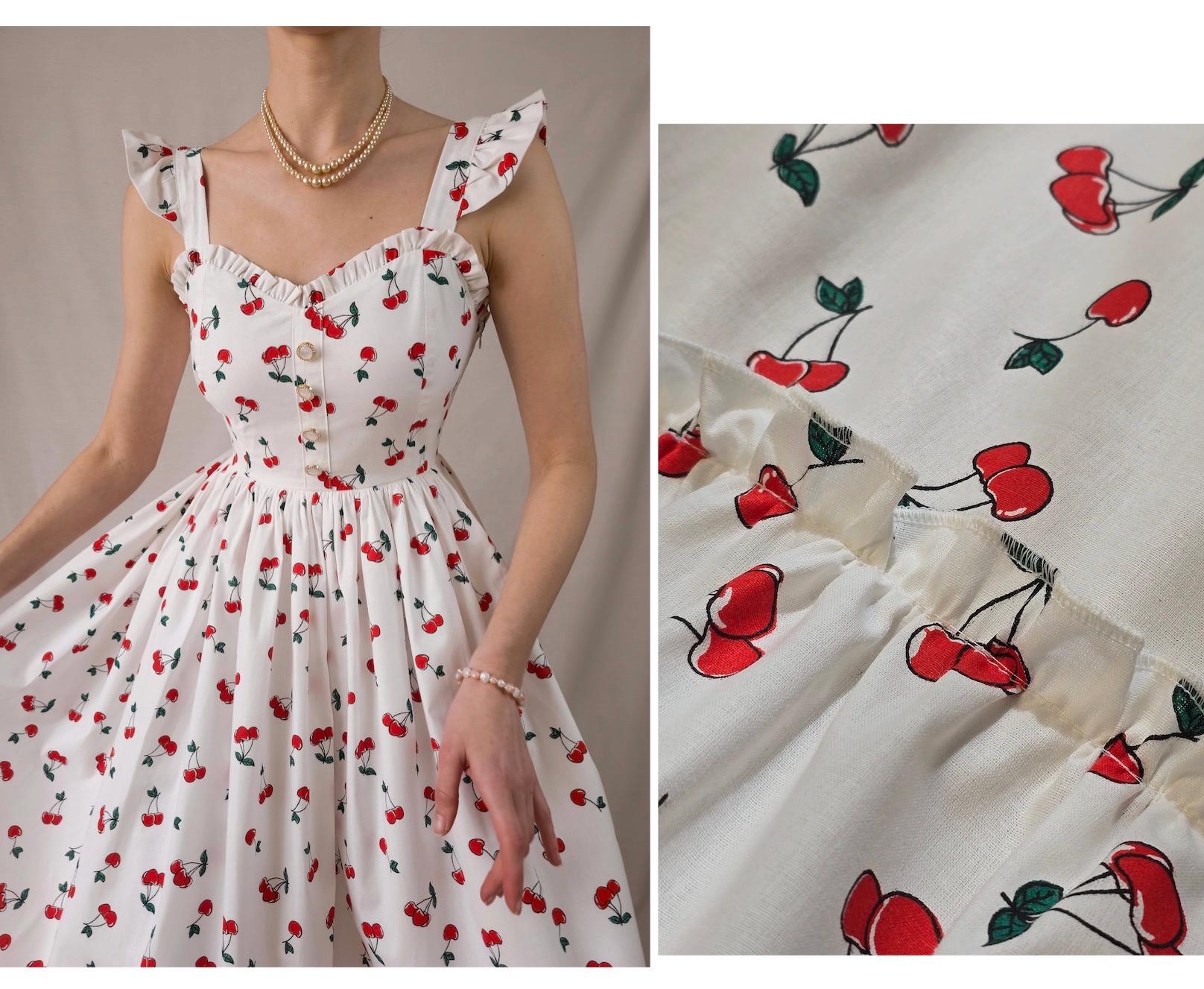 Cherry Dress White Cotton Dress Pinup Dress/90s Dress Fruit Print