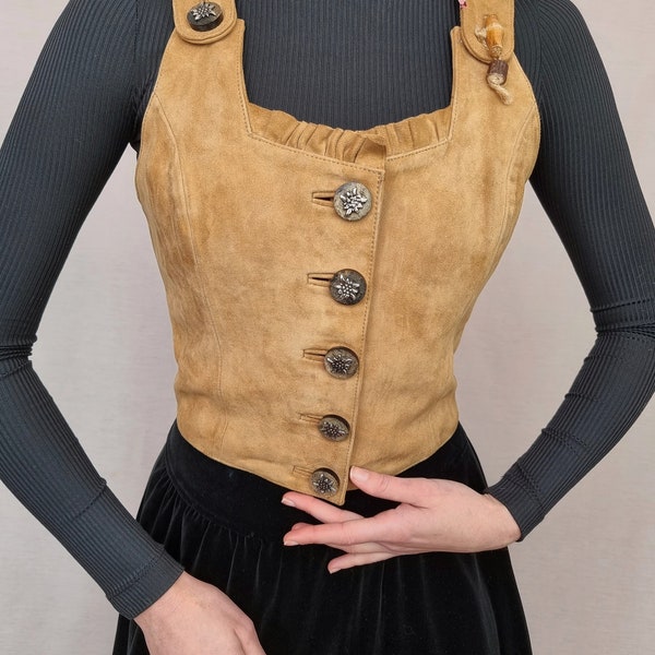 Vintage corset vest seude/leather vest brown/Austrian vest leather:Victorian style corset sz xl/tracht Seude vest