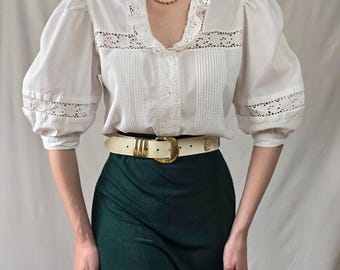 vintage blouse lace embroidered puffy sleeves cotton Austrian folk blouse dirndl cottage core blouse romantic puffy sleeves blouse Victorian