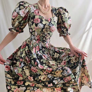 traditional Austrian dress puffy sleeves floral dress roses dirndl tracht dress cottage core dress Victorian prairie dress