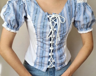 Vintage corset blouse lace up puffy sleeves/floral blouse