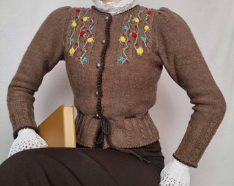 Vtg embroidered cardigan wool/retro cardigan brown/Austrian cardigan embroidered flowers/Tyrolean cardigan hand knitted