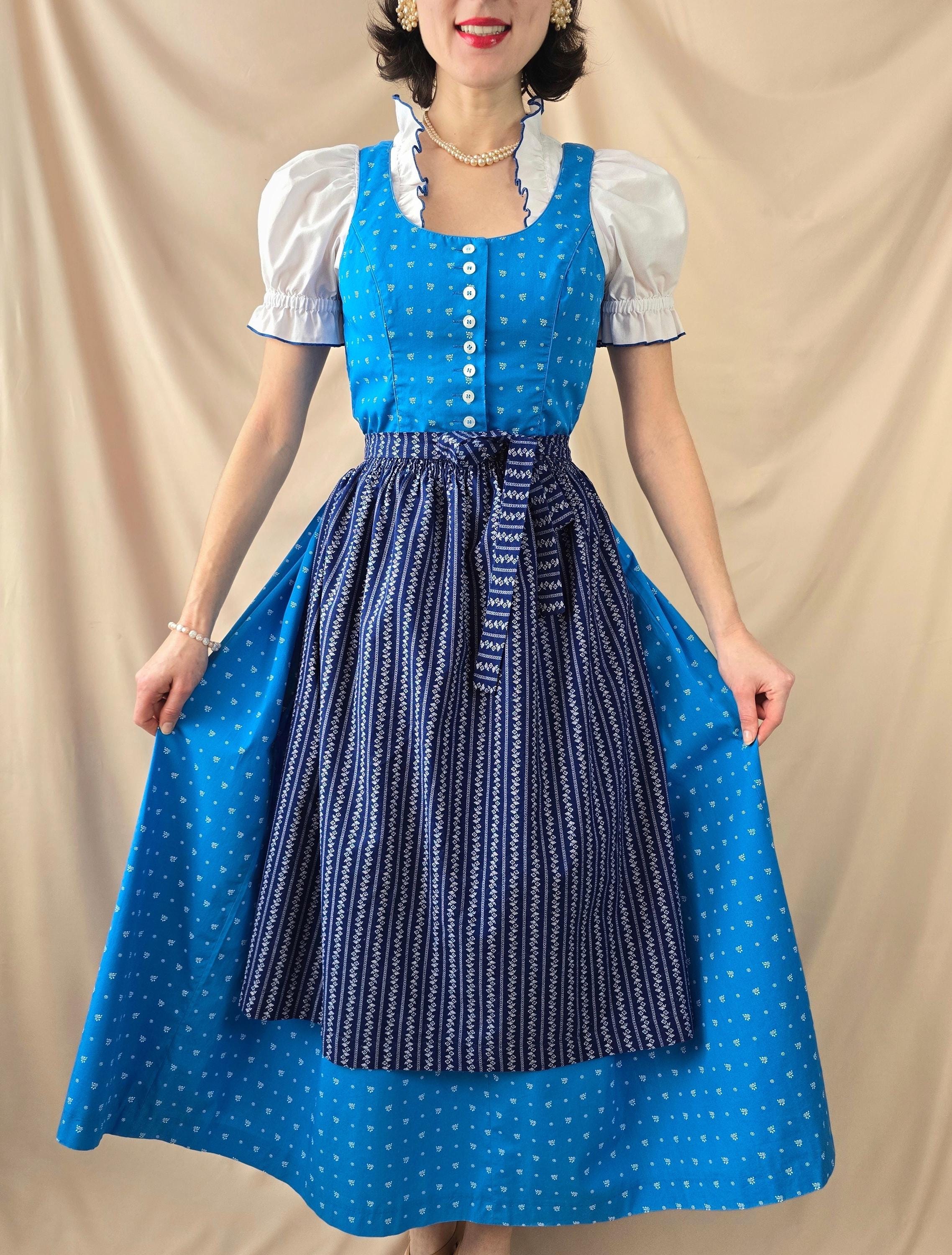 Traditional Austrian Dress Blue Floral Print Sleeveless Bavarian Dress ...