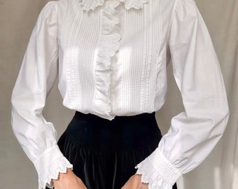 Vintage blouse geborduurd wit/Victoriaanse blouse gezwollen mouwen/Oostenrijkse blouse/Edwardiaanse blouse/kraagblouse
