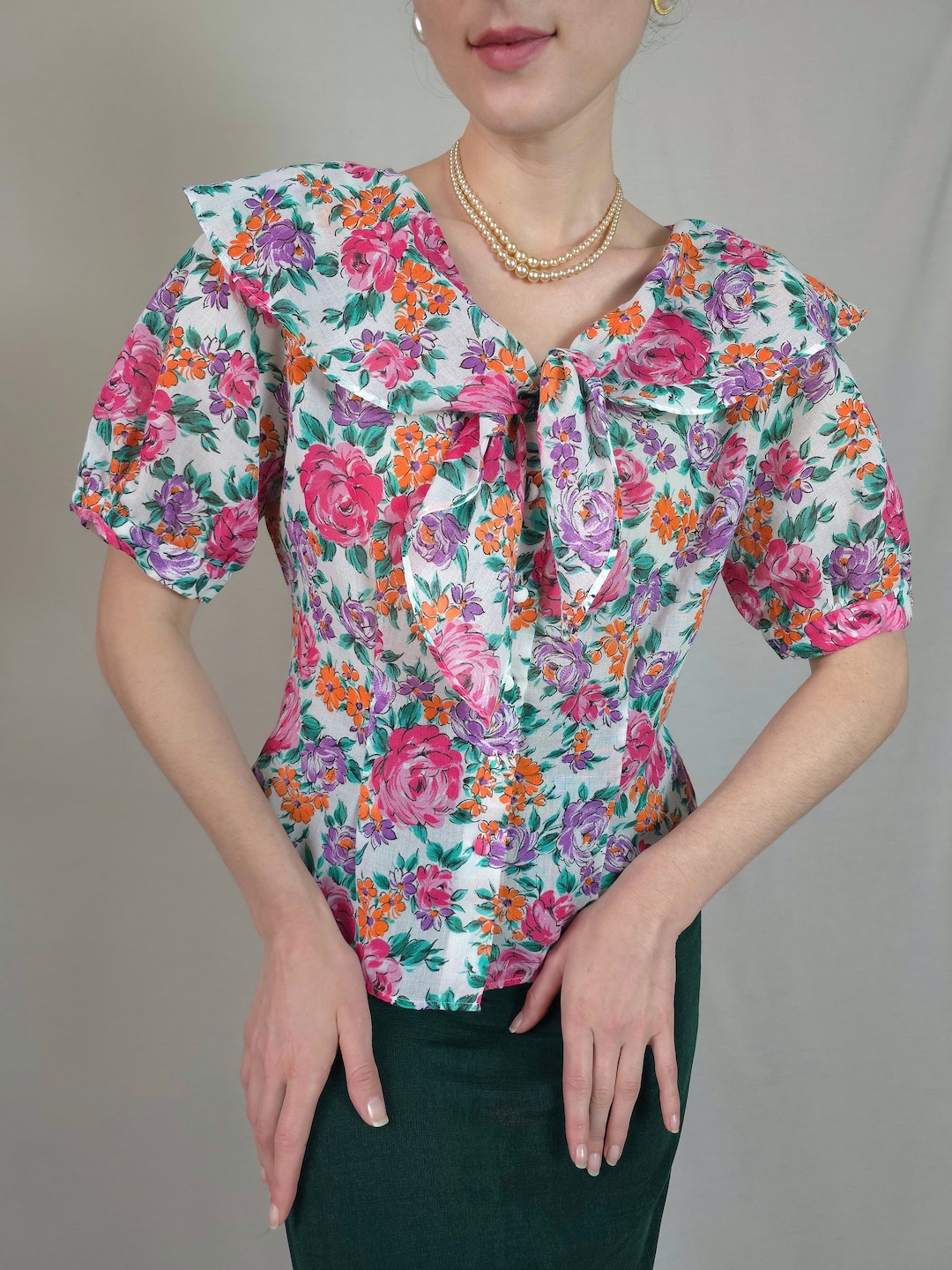 Vintage Petals Oatmeal Long Sleeve Blouse