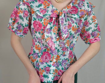 Vintage summer blouse botanical print shawl collar/floral print blouse puffy sleeves/retro blouse cotton