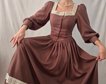 Vestido vintage marrón con mangas abullonadas, vestido de lino, vestido victoriano con botones, vestido eduardiano de encaje, vestido beige antiguo.