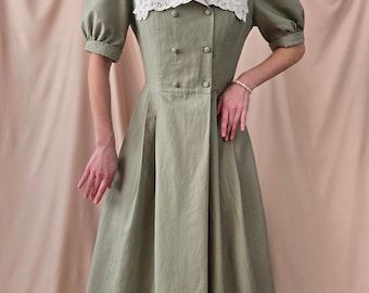 Laura Ashley sailor dress collared olive green Laura Ashley 80s linen Laura Ashley 14 uk dress