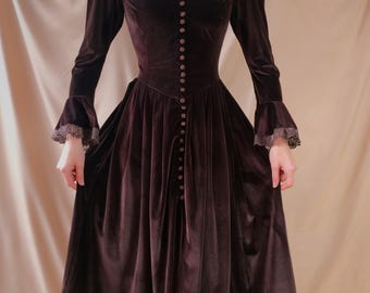 gothic dress flared sleeves velour velvet brown dress Victorian dress chocolate dress velour retro dress buttons down velvet Victorian dress