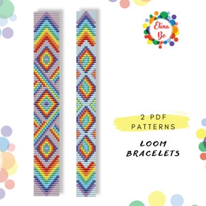 May include: Two colorful loom bracelet patterns in PDF format. The patterns feature geometric designs with rainbow colors.