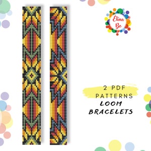May include: Two colorful loom bracelet patterns in PDF format. The patterns feature geometric designs with yellow, orange, red, green, blue, and black beads.