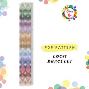 May include: A colorful loom bracelet pattern with a chevron design. The pattern is made up of different colors, including green, purple, brown, blue, and pink. The pattern is for a loom bracelet and is available as a PDF download.