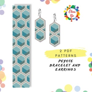 Abstract Peyote Bead Patterns for Bracelet and Earrings - 2 PDF Sets of Blue and Silver Geometry, Miyuki Delica Beads 11/0 Instant Download