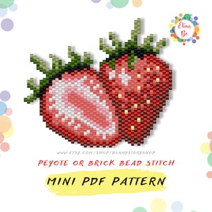 May include: A digital pattern for beading two red strawberries with green leaves. The pattern is for peyote or brick bead stitch and is available as a mini PDF download. The text "www.etsy.com/shop/bunnystoryshop" is at the bottom of the image.