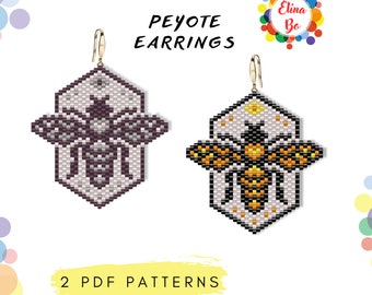 May include: Two peyote stitch beading patterns for earrings featuring a bee design. The bee is in a hexagonal shape with a white background and black, yellow, and orange beads. The text "PEYOTE EARRINGS" is at the top of the image. The text "2 PDF PATTERNS" is at the bottom of the image.