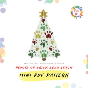 クリスマスツリーの犬の足跡パターンのイヤリング、ブローチ、ペンダント装飾のレンガステッチ PDF パターン、ミユキデリカ 11/0 シードビーズ用 - PDF ダウンロード