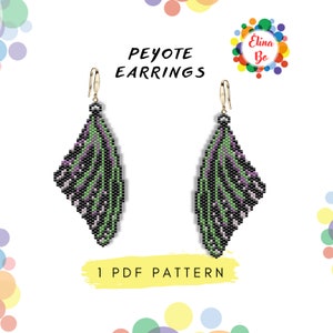 May include: A pair of peyote stitch earrings with a black, green, and purple feather design. The earrings are labeled "Peyote Earrings". The image also includes the text "1 PDF Pattern" and the name "Elina Bo" in a circle.