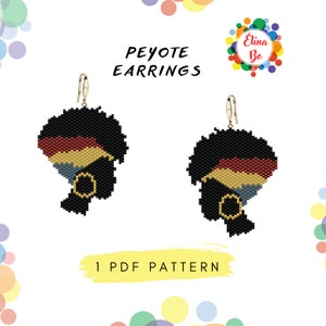 May include: Two beaded earrings with a profile design, featuring black, red, gold, and blue colors. The earrings have gold-colored hooks and a circular gold-colored earring. The text "PEYOTE EARRINGS" is above the earrings. The text "1 PDF PATTERN" is below the earrings.
