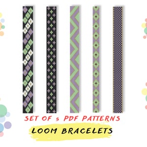 May include: Set of 5 PDF patterns for loom bracelets. The patterns feature various designs with colors like green, purple, black, and white.