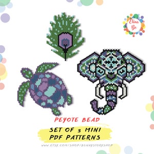 May include: A set of three peyote bead mini PDF patterns featuring a peacock feather, a turtle, and an elephant. The patterns are colorful and intricate, with a mix of green, blue, purple, and white beads.