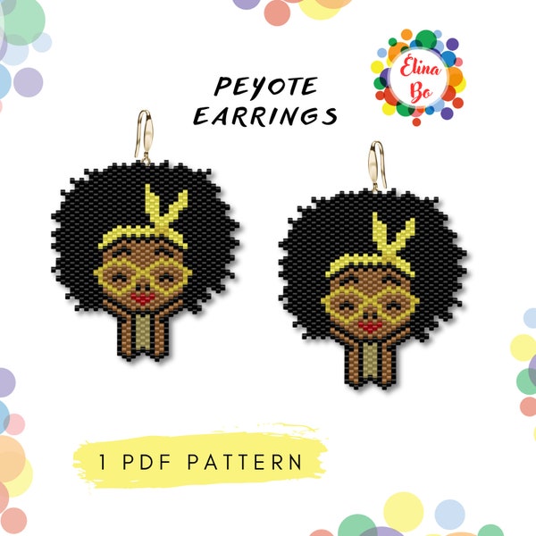 Pattern Peyote cute girl Face head of an African American woman in a turban bead pattern for earrings or brooch pin, miyuki beads 11/0 - PDF