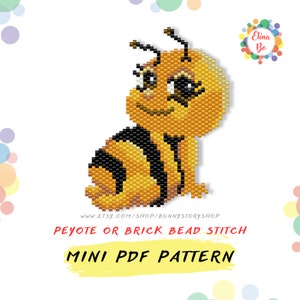 May include: A beading pattern for a cute cartoon bee with black and yellow stripes. The pattern is for peyote or brick stitch beading and is available as a mini PDF download. The pattern is titled "Mini PDF Pattern" and includes the website address www.etsy.com/shop/bunnystoryshop.