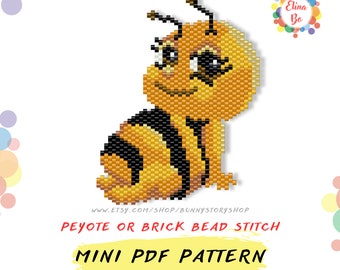 May include: A beading pattern for a cute cartoon bee with black and yellow stripes. The pattern is for peyote or brick stitch beading and is available as a mini PDF download. The pattern is titled "Mini PDF Pattern" and includes the website address www.etsy.com/shop/bunnystoryshop.