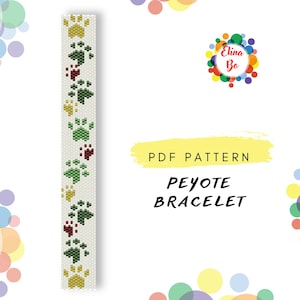 May include: A white beaded bracelet pattern featuring paw prints in green, red, and yellow. The text "PDF PATTERN PEYOTE BRACELET" is displayed in black. A colourful logo is also present in the image.