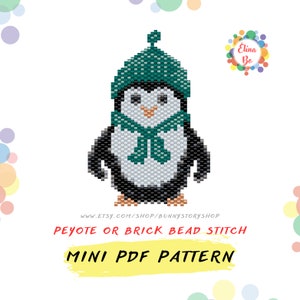 May include: A beading pattern for a penguin wearing a green hat and scarf. The pattern is for peyote or brick bead stitch and is available as a mini PDF download. The pattern is titled "Peyote or Brick Bead Stitch Mini PDF Pattern".