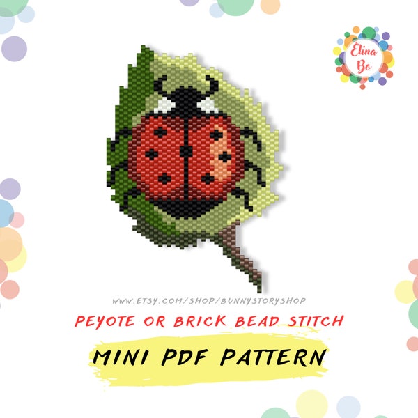 Ladybug bug on a green leaf bead pattern for earrings or brooch pin, miyuki seed beads 11/0 - PDF instant download