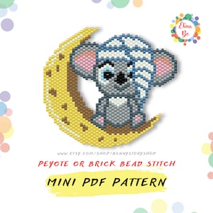 May include: A beading pattern for a gray koala wearing a blue and white striped hat, sitting on a yellow crescent moon. The pattern is for peyote or brick bead stitch and is a mini PDF pattern.