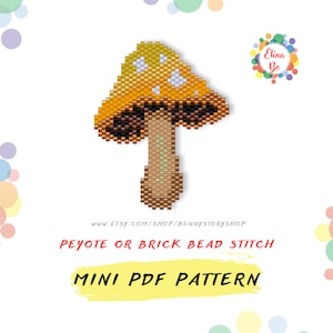 Puede incluir: Un patrón de abalorios para una seta amarilla con manchas blancas y un tallo marrón. El patrón es para punto de peyote o de ladrillo y está disponible como descarga de PDF mini. El texto "www.etsy.com/shop/bunnystoryshop" y "Peyote or Brick Bead Stitch" también se incluyen en la imagen.