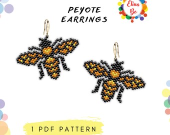 May include: A pair of peyote stitch earrings featuring a bee design with black and orange beads. The earrings are labeled "Peyote Earrings".