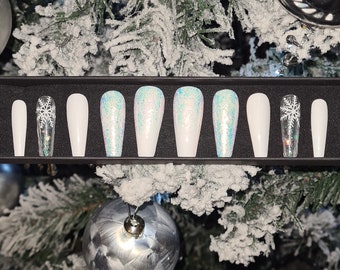 20 pc White Glitter Snowflake Press On Nail Set