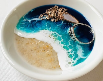 Ocean Ring Dish [Ceramic]PERSONALIZED Engagement Gift Trinket dish Unique Handmade gift Beach Epoxy Resin Wedding Gift Blue Christmas Gift