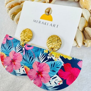 Tropical Leather Earrings Half Circle Lightweight Earrings Round Earrings Dangle Bridesmaid Earrings Gifts for Her Birthday Gifts Wedding