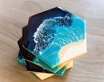 Ocean Wave Coasters [HEXAGON](a set of 4) Beach Home Decor Unique Handmade Gift Epoxy Resin Christmas Gift