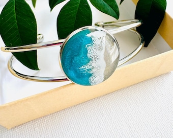 Ocean Wave Silver Bangle Bracelet: Resin Sand Coastal Jewelry