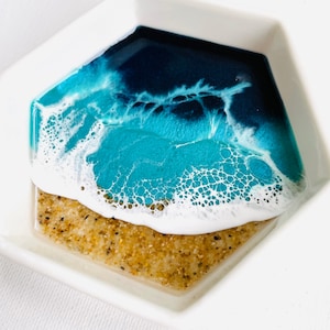Hexagon Ocean Ring Dish Engagement Gift Trinket dish Unique Handmade gift Beach Home Decor Epoxy Resin Mother’s Day Gift Blue Christmas Gift