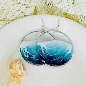 Large Gold and Silver Hoop Earrings: Resin Ocean Wave, Coastal Jewelry Gold and Silver Beach Boho Sea