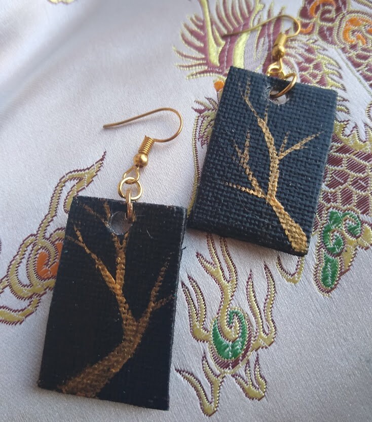 Handpainted Canvas Earrings Gold and Black Trees With Gold Etsy UK