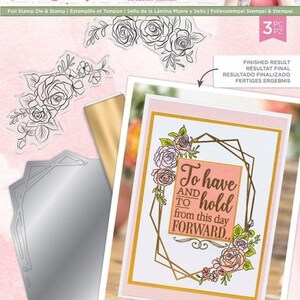 May include: A craft set with a floral theme, featuring a die and stamp set with the text "Garden of Love". The set includes a card with the text "To have and to hold from this day forward". The card measures 9.6cm x 13.7cm.